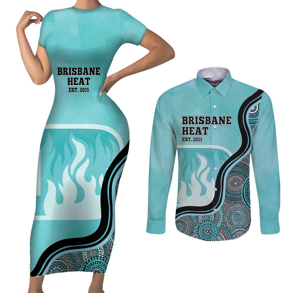 Custom Brisbane Heat Couples Matching Short Sleeve Bodycon Dress and Long Sleeve Button Shirt Indigenous Art - Grunge Style