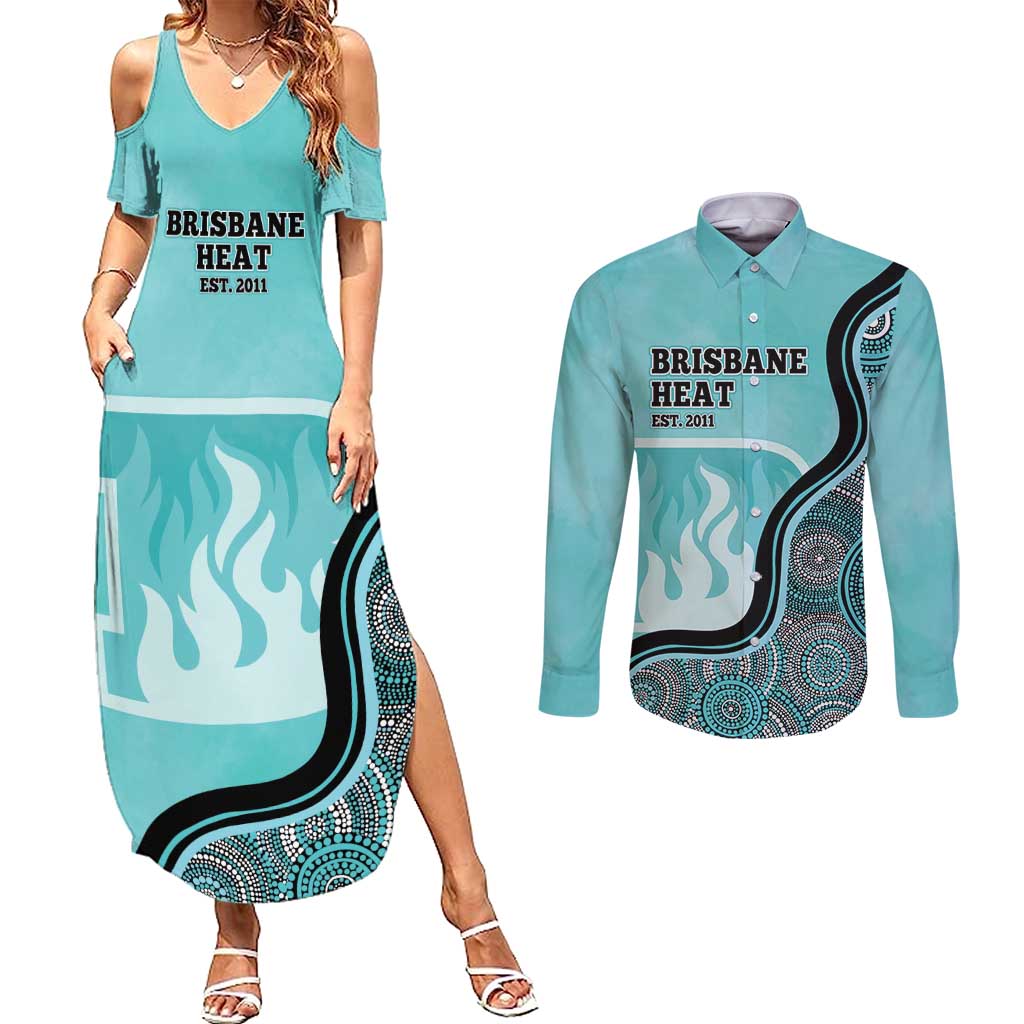 Custom Brisbane Heat Couples Matching Summer Maxi Dress and Long Sleeve Button Shirt Indigenous Art - Grunge Style