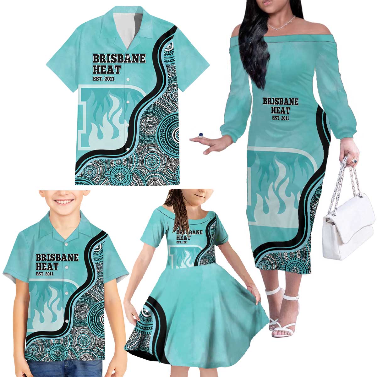 Custom Brisbane Heat Family Matching Off The Shoulder Long Sleeve Dress and Hawaiian Shirt Indigenous Art - Grunge Style