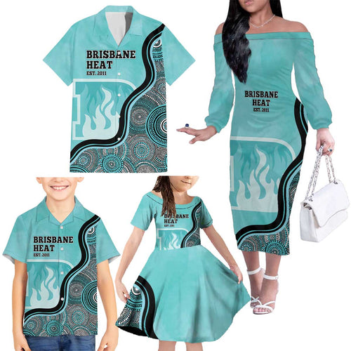 Custom Brisbane Heat Family Matching Off The Shoulder Long Sleeve Dress and Hawaiian Shirt Indigenous Art - Grunge Style