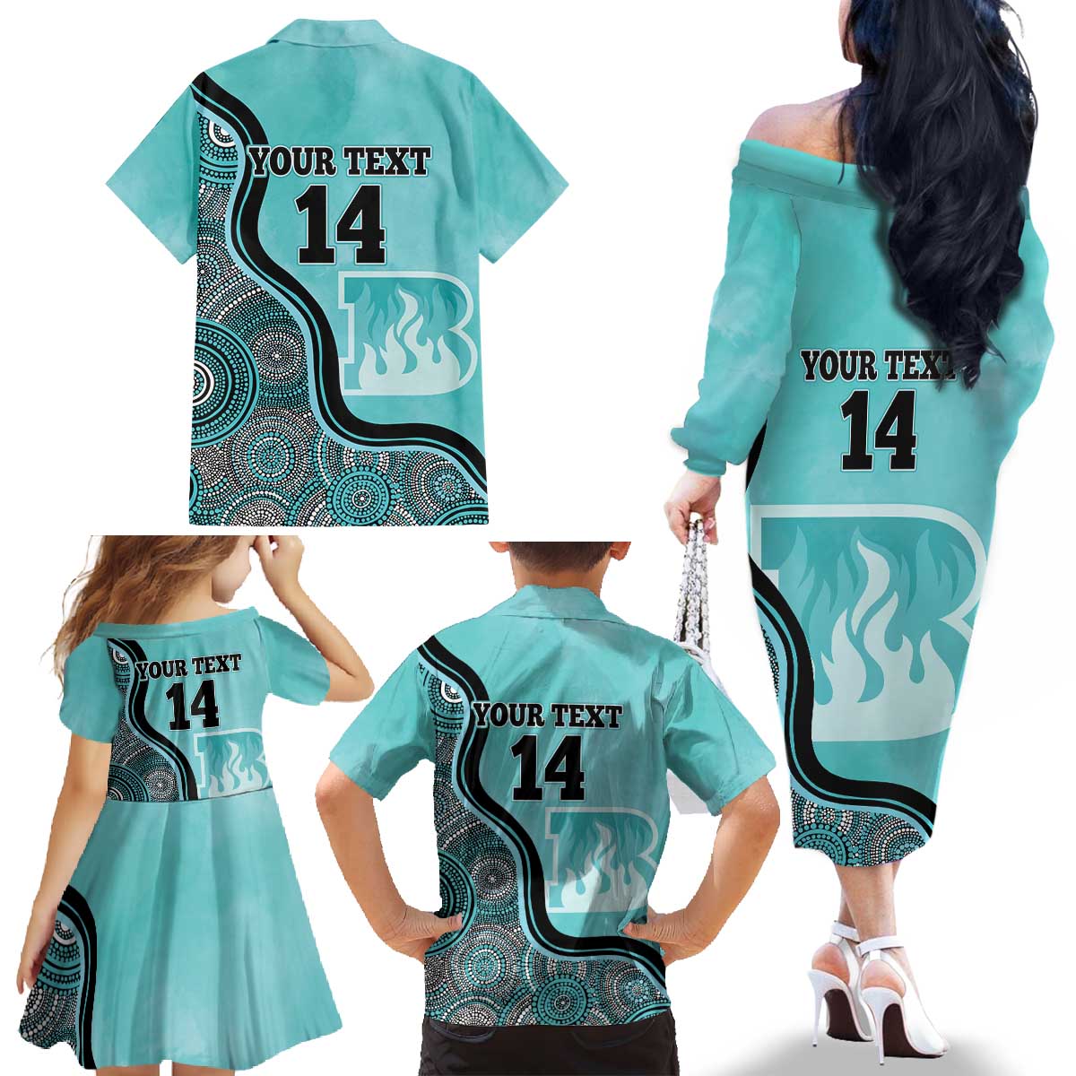 Custom Brisbane Heat Family Matching Off The Shoulder Long Sleeve Dress and Hawaiian Shirt Indigenous Art - Grunge Style