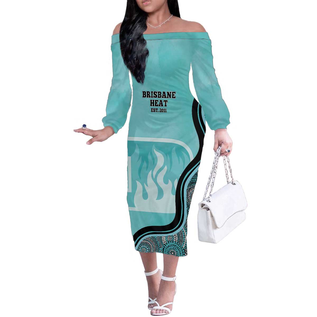 Custom Brisbane Heat Family Matching Off The Shoulder Long Sleeve Dress and Hawaiian Shirt Indigenous Art - Grunge Style
