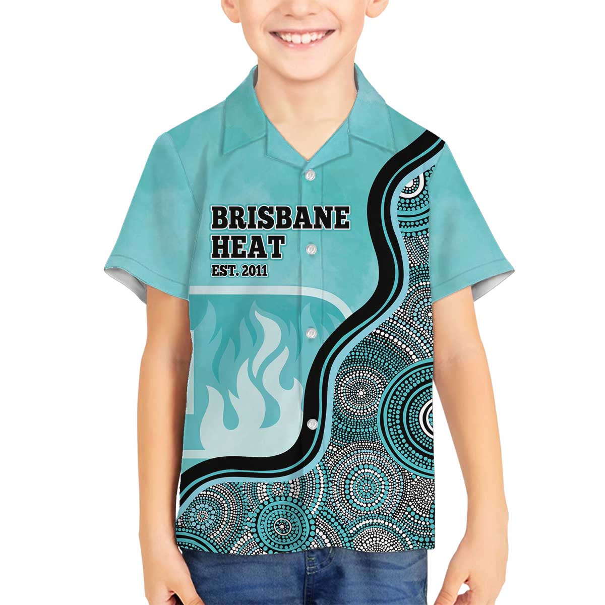 Custom Brisbane Heat Family Matching Off The Shoulder Long Sleeve Dress and Hawaiian Shirt Indigenous Art - Grunge Style