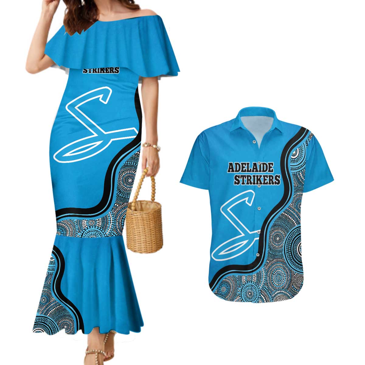 Custom Adelaide Strikers Couples Matching Mermaid Dress and Hawaiian Shirt Indigenous Art - Grunge Style