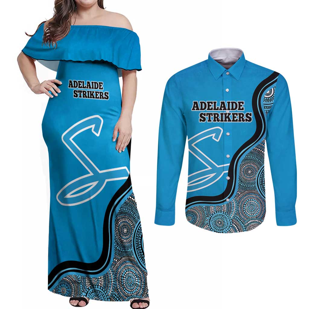 Custom Adelaide Strikers Couples Matching Off Shoulder Maxi Dress and Long Sleeve Button Shirt Indigenous Art - Grunge Style