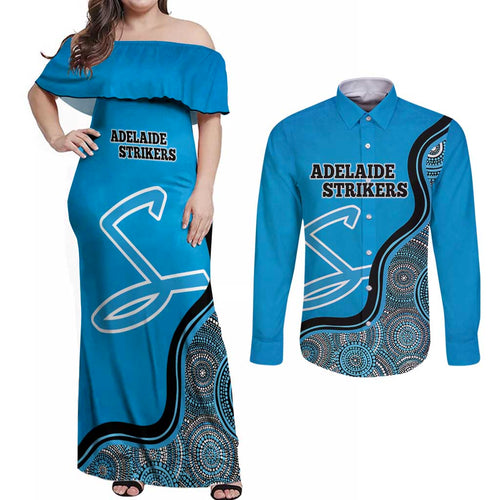 Custom Adelaide Strikers Couples Matching Off Shoulder Maxi Dress and Long Sleeve Button Shirt Indigenous Art - Grunge Style