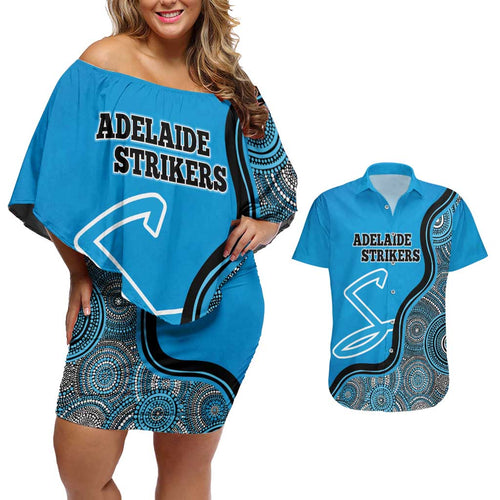 Custom Adelaide Strikers Couples Matching Off Shoulder Short Dress and Hawaiian Shirt Indigenous Art - Grunge Style