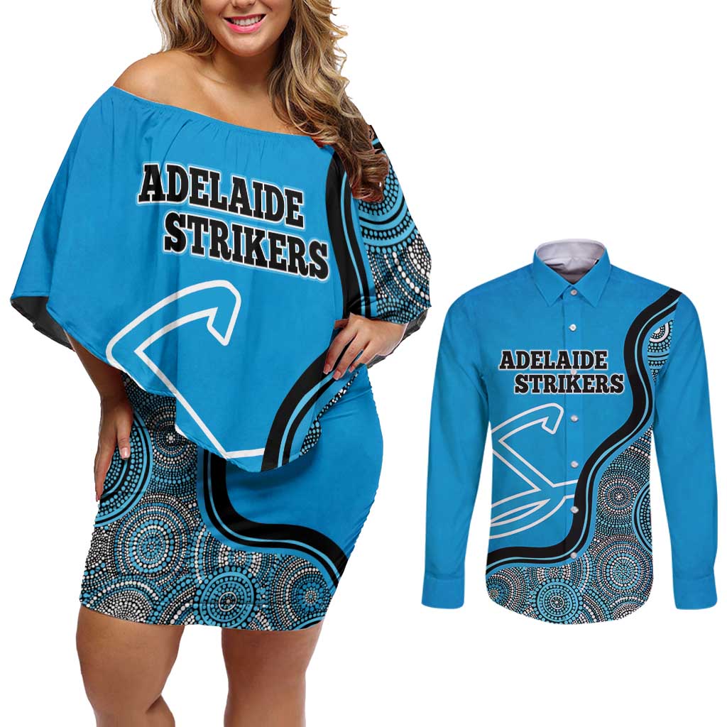 Custom Adelaide Strikers Couples Matching Off Shoulder Short Dress and Long Sleeve Button Shirt Indigenous Art - Grunge Style