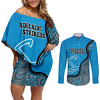 Custom Adelaide Strikers Couples Matching Off Shoulder Short Dress and Long Sleeve Button Shirt Indigenous Art - Grunge Style