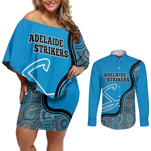 Custom Adelaide Strikers Couples Matching Off Shoulder Short Dress and Long Sleeve Button Shirt Indigenous Art - Grunge Style