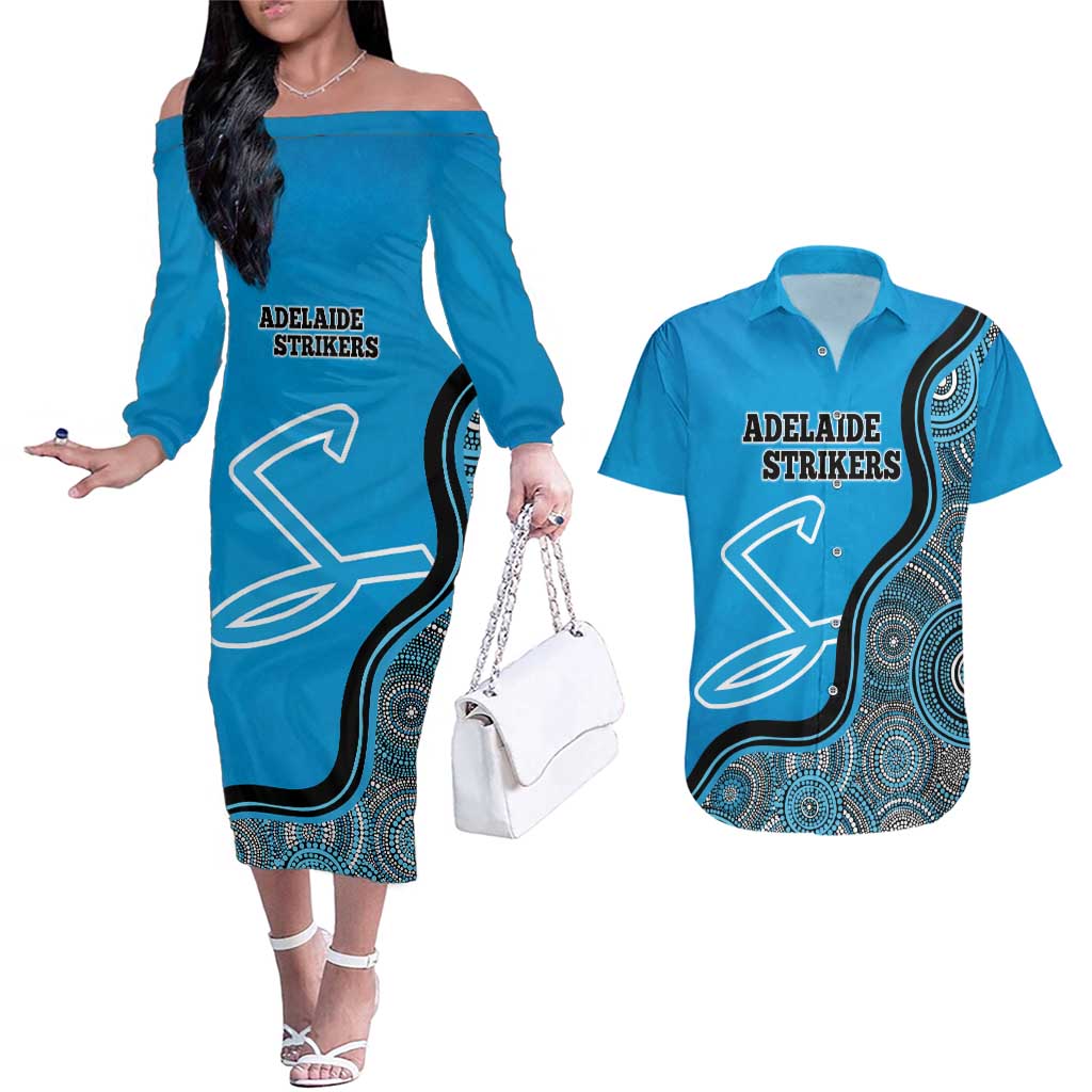 Custom Adelaide Strikers Couples Matching Off The Shoulder Long Sleeve Dress and Hawaiian Shirt Indigenous Art - Grunge Style