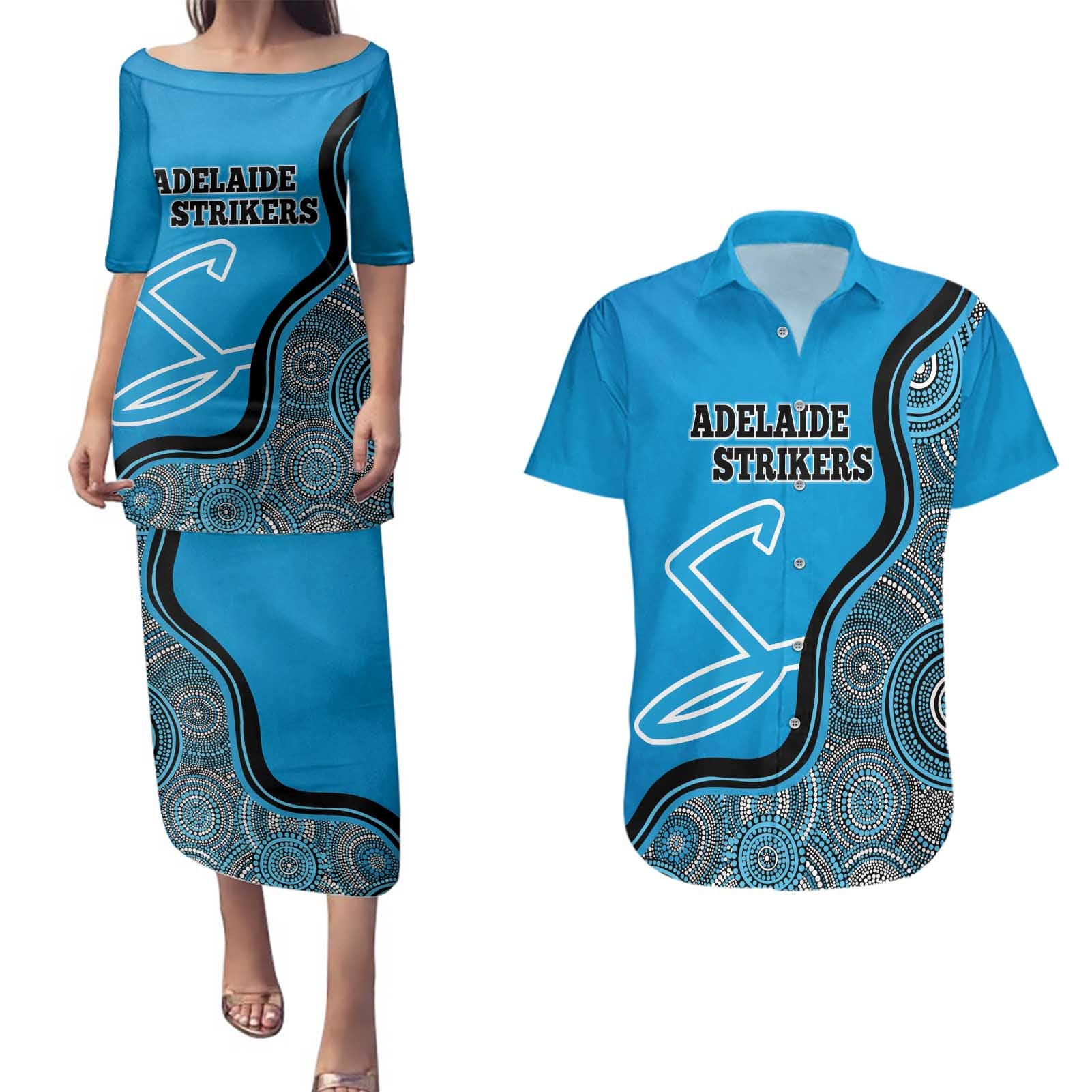 Custom Adelaide Strikers Couples Matching Puletasi and Hawaiian Shirt Indigenous Art - Grunge Style
