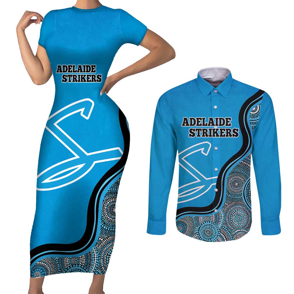 Custom Adelaide Strikers Couples Matching Short Sleeve Bodycon Dress and Long Sleeve Button Shirt Indigenous Art - Grunge Style