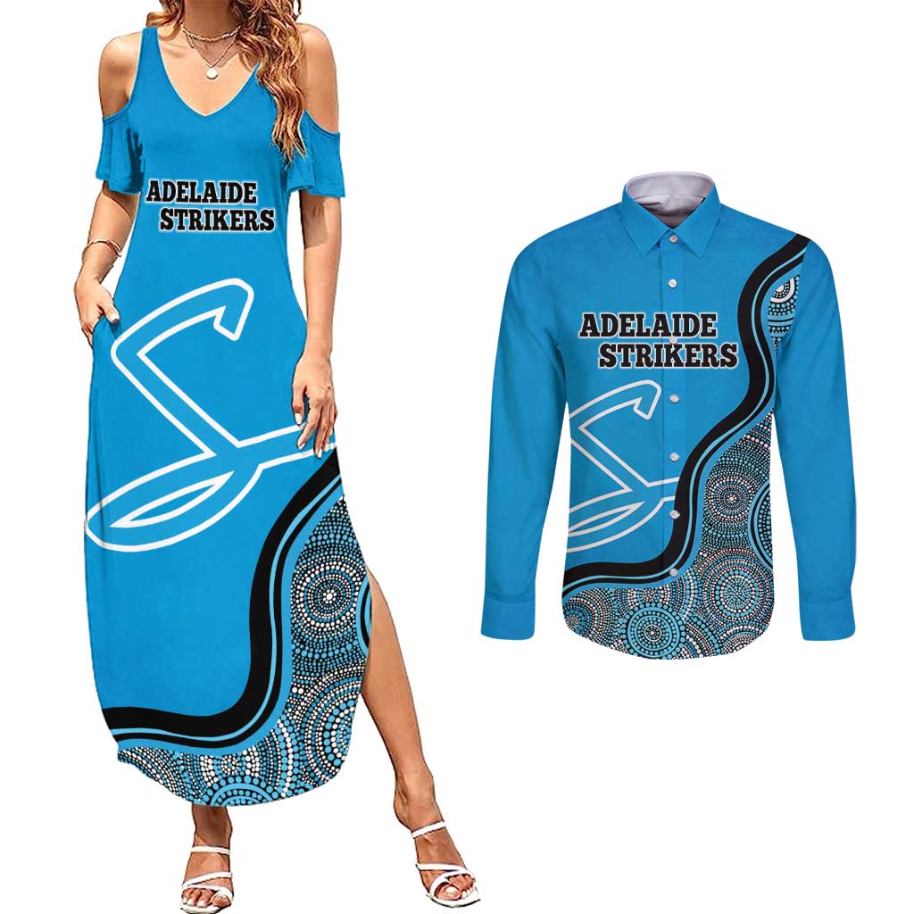 Custom Adelaide Strikers Couples Matching Summer Maxi Dress and Long Sleeve Button Shirt Indigenous Art - Grunge Style