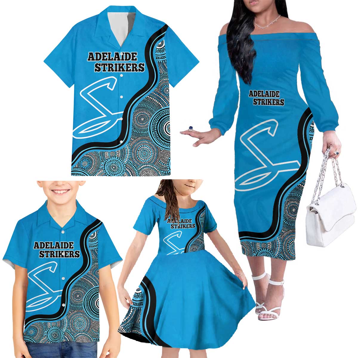 Custom Adelaide Strikers Family Matching Off The Shoulder Long Sleeve Dress and Hawaiian Shirt Indigenous Art - Grunge Style