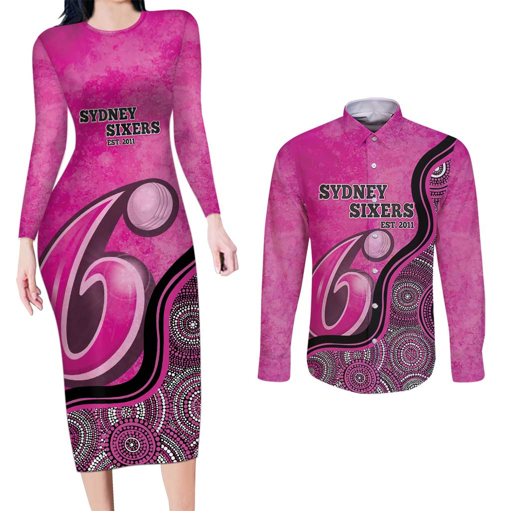 Custom Sydney Sixers Couples Matching Long Sleeve Bodycon Dress and Long Sleeve Button Shirt Indigenous Art - Grunge Style