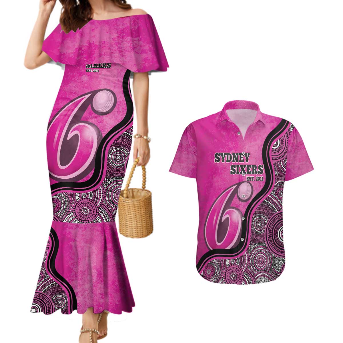Custom Sydney Sixers Couples Matching Mermaid Dress and Hawaiian Shirt Indigenous Art - Grunge Style