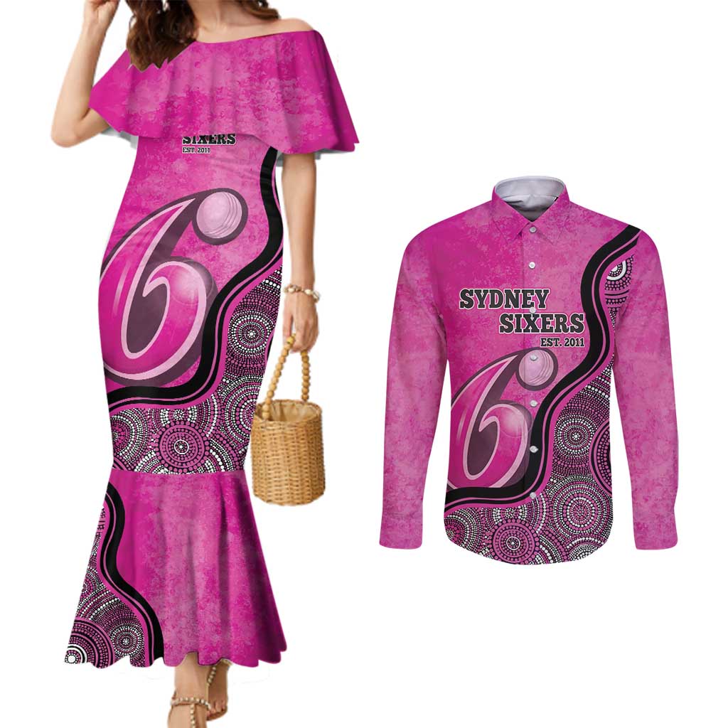 Custom Sydney Sixers Couples Matching Mermaid Dress and Long Sleeve Button Shirt Indigenous Art - Grunge Style