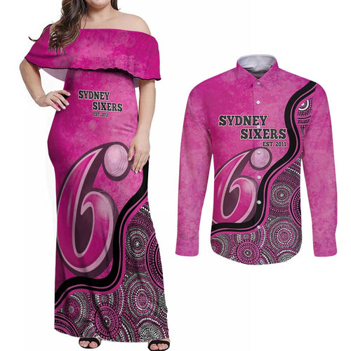 Custom Sydney Sixers Couples Matching Off Shoulder Maxi Dress and Long Sleeve Button Shirt Indigenous Art - Grunge Style
