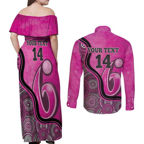 Custom Sydney Sixers Couples Matching Off Shoulder Maxi Dress and Long Sleeve Button Shirt Indigenous Art - Grunge Style