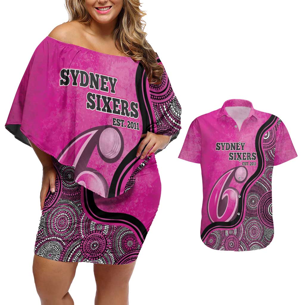 Custom Sydney Sixers Couples Matching Off Shoulder Short Dress and Hawaiian Shirt Indigenous Art - Grunge Style