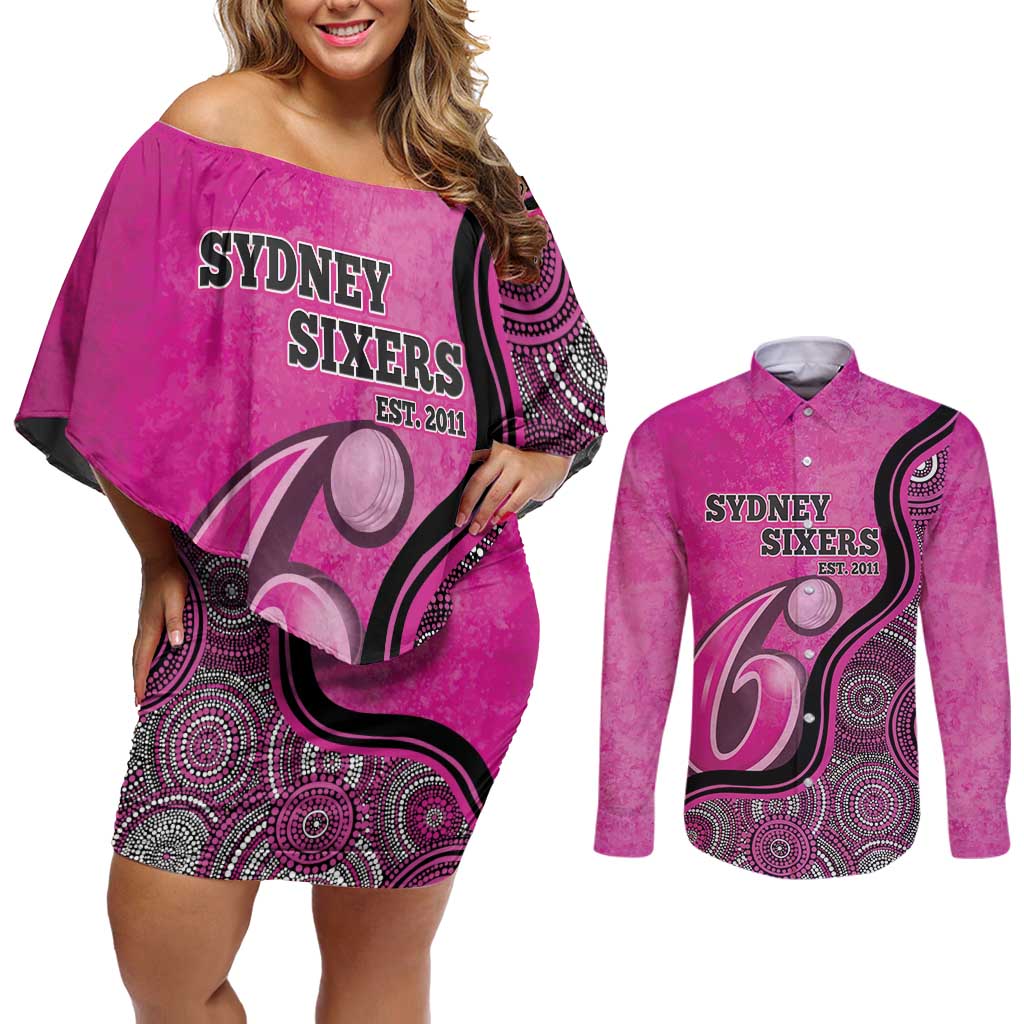 Custom Sydney Sixers Couples Matching Off Shoulder Short Dress and Long Sleeve Button Shirt Indigenous Art - Grunge Style