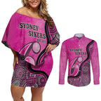 Custom Sydney Sixers Couples Matching Off Shoulder Short Dress and Long Sleeve Button Shirt Indigenous Art - Grunge Style