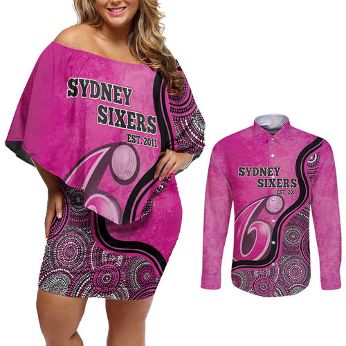 Custom Sydney Sixers Couples Matching Off Shoulder Short Dress and Long Sleeve Button Shirt Indigenous Art - Grunge Style