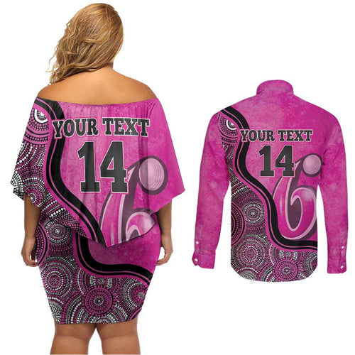Custom Sydney Sixers Couples Matching Off Shoulder Short Dress and Long Sleeve Button Shirt Indigenous Art - Grunge Style