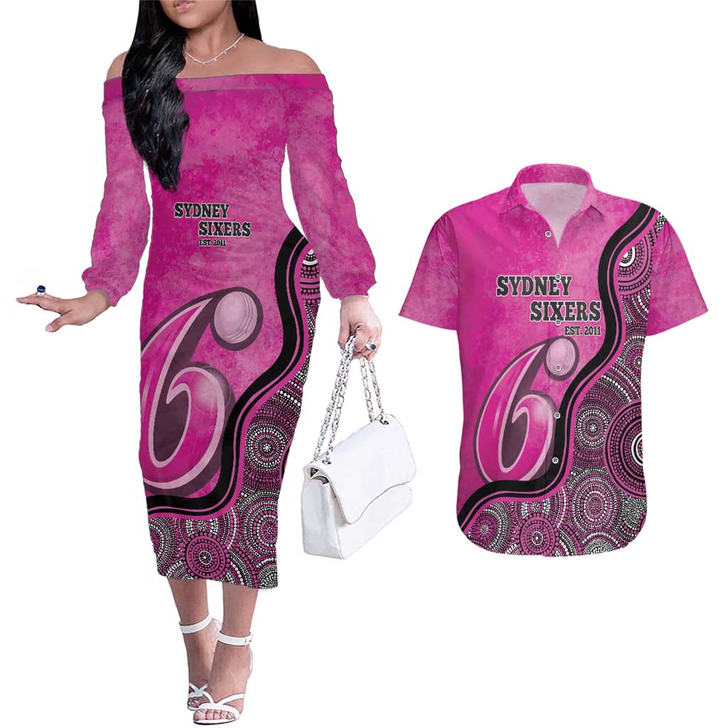 Custom Sydney Sixers Couples Matching Off The Shoulder Long Sleeve Dress and Hawaiian Shirt Indigenous Art - Grunge Style