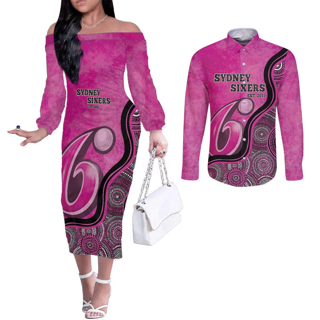 Custom Sydney Sixers Couples Matching Off The Shoulder Long Sleeve Dress and Long Sleeve Button Shirt Indigenous Art - Grunge Style