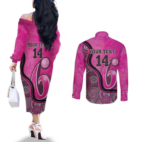 Custom Sydney Sixers Couples Matching Off The Shoulder Long Sleeve Dress and Long Sleeve Button Shirt Indigenous Art - Grunge Style