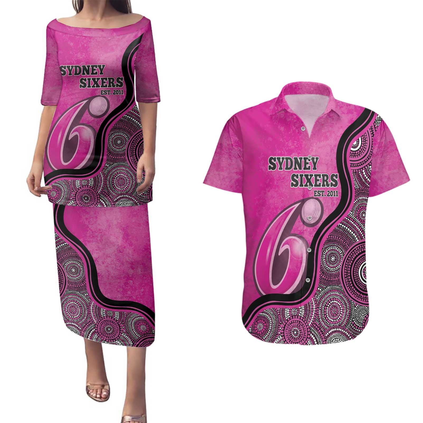 Custom Sydney Sixers Couples Matching Puletasi and Hawaiian Shirt Indigenous Art - Grunge Style
