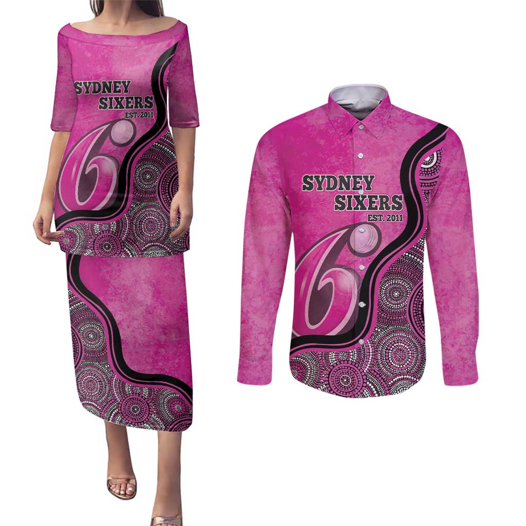 Custom Sydney Sixers Couples Matching Puletasi and Long Sleeve Button Shirt Indigenous Art - Grunge Style