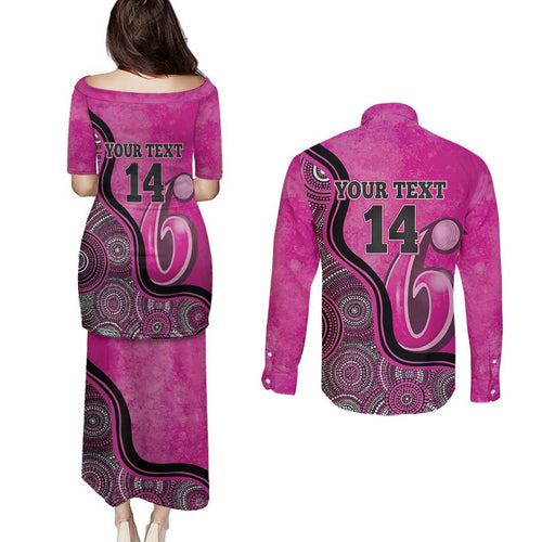 Custom Sydney Sixers Couples Matching Puletasi and Long Sleeve Button Shirt Indigenous Art - Grunge Style