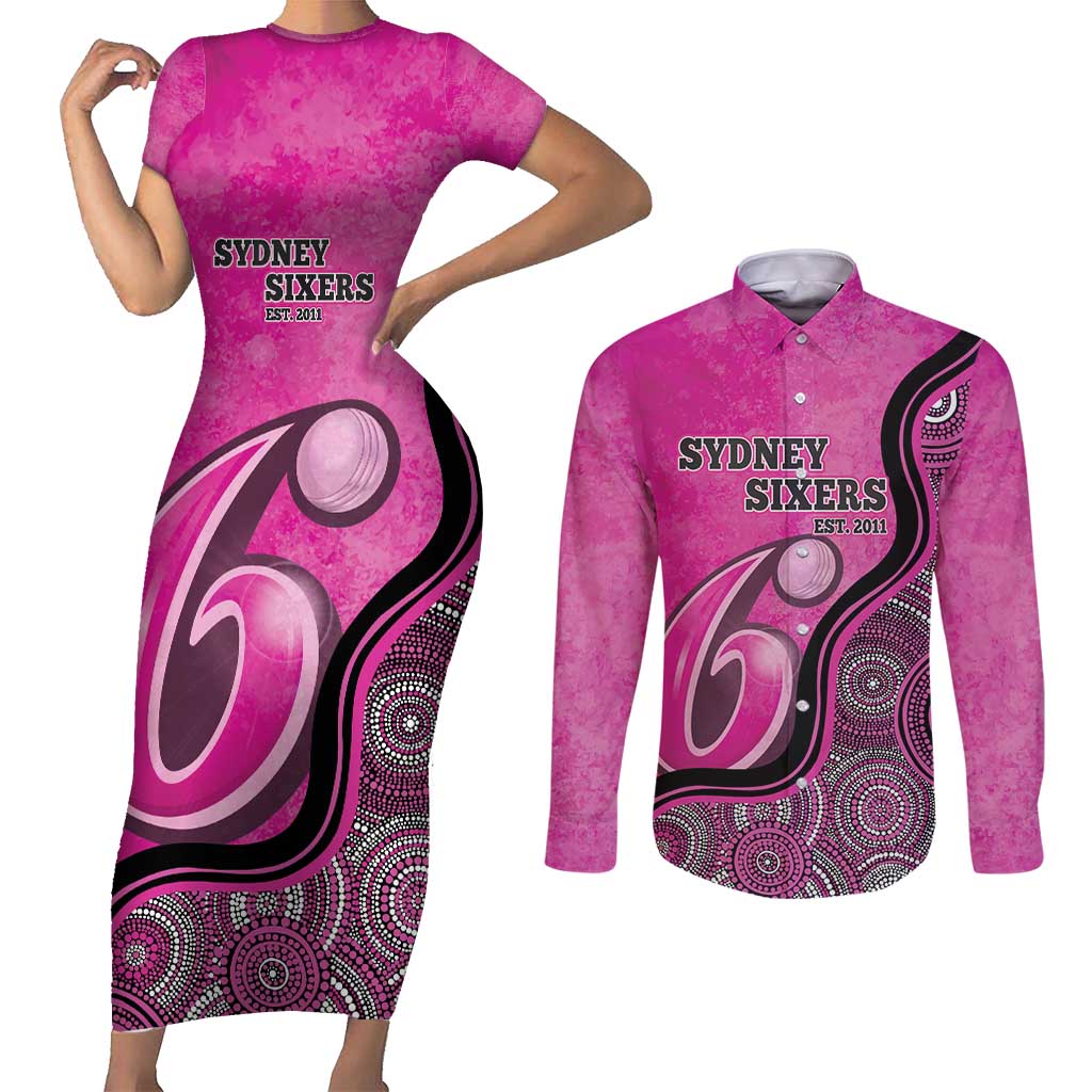 Custom Sydney Sixers Couples Matching Short Sleeve Bodycon Dress and Long Sleeve Button Shirt Indigenous Art - Grunge Style