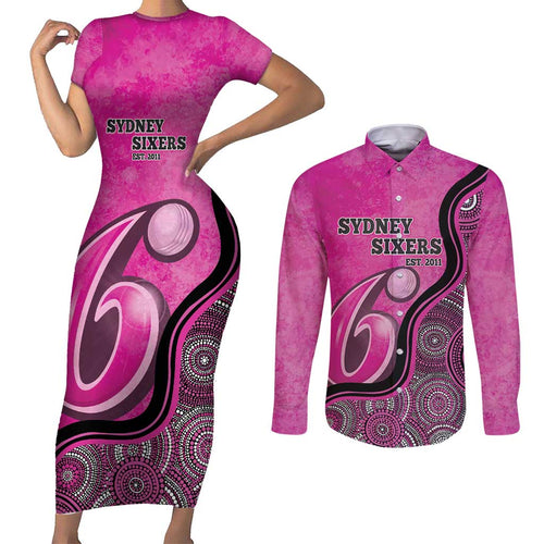 Custom Sydney Sixers Couples Matching Short Sleeve Bodycon Dress and Long Sleeve Button Shirt Indigenous Art - Grunge Style