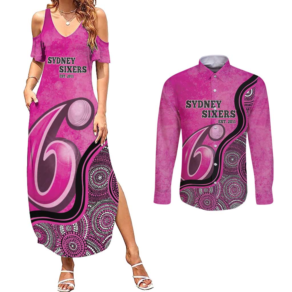 Custom Sydney Sixers Couples Matching Summer Maxi Dress and Long Sleeve Button Shirt Indigenous Art - Grunge Style