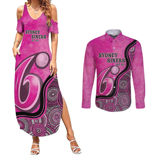 Custom Sydney Sixers Couples Matching Summer Maxi Dress and Long Sleeve Button Shirt Indigenous Art - Grunge Style