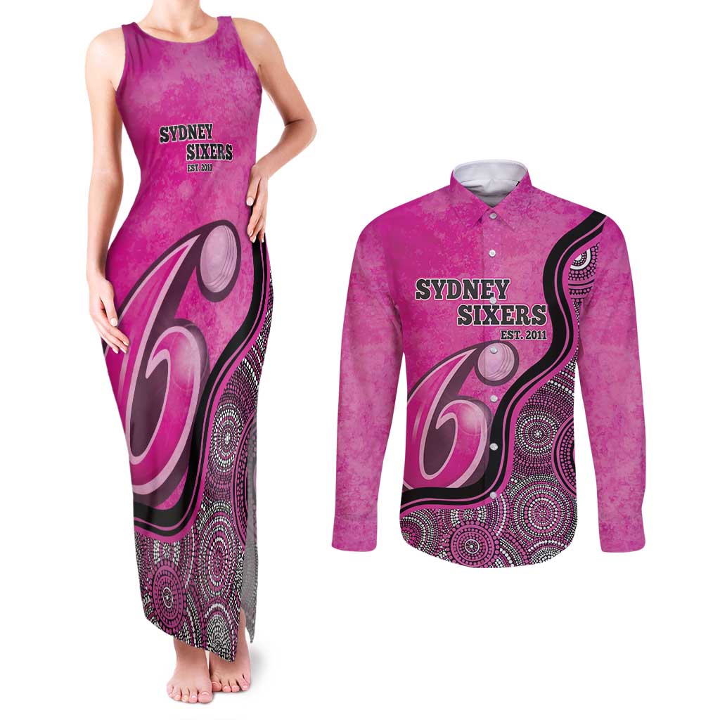 Custom Sydney Sixers Couples Matching Tank Maxi Dress and Long Sleeve Button Shirt Indigenous Art - Grunge Style