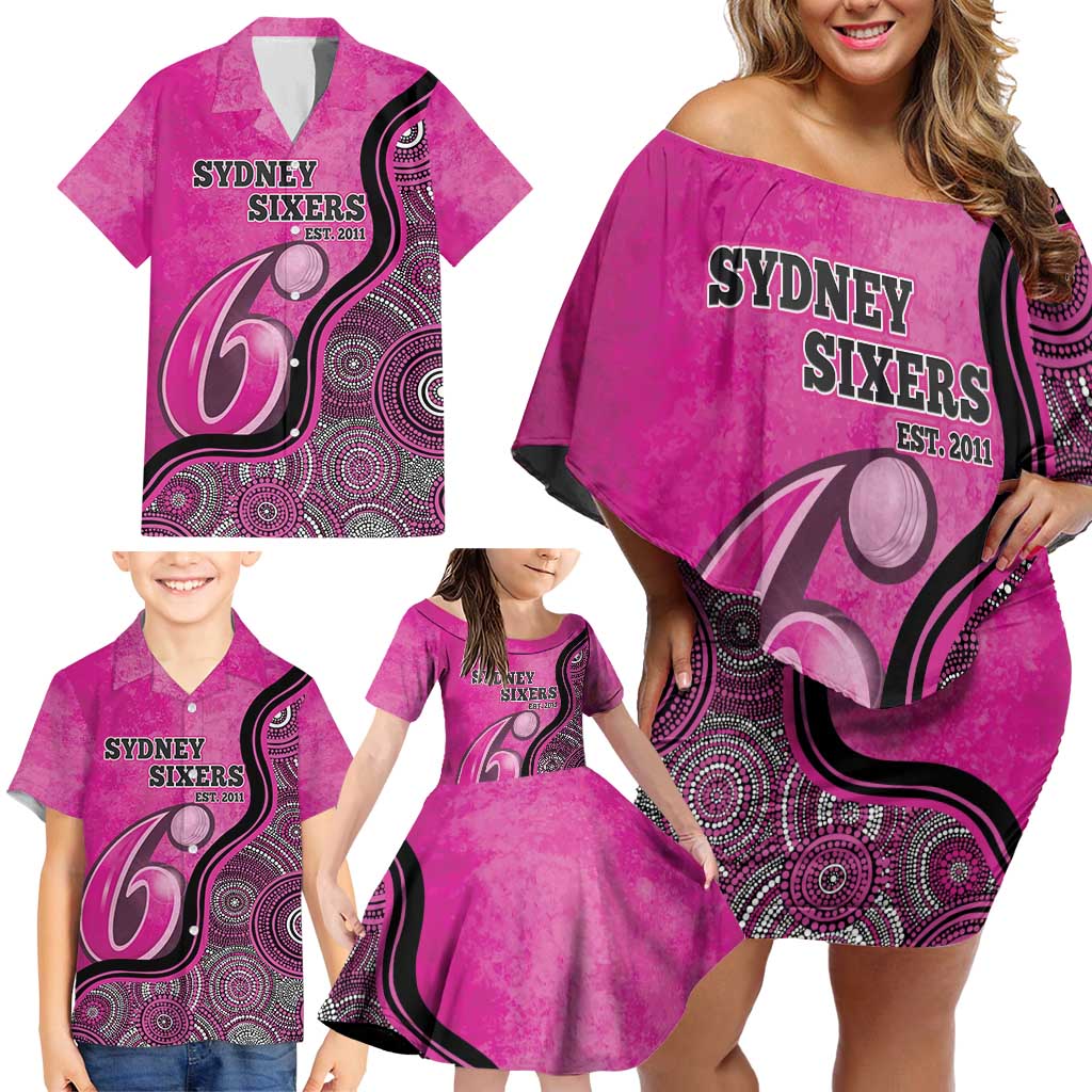 Custom Sydney Sixers Family Matching Off Shoulder Short Dress and Hawaiian Shirt Indigenous Art - Grunge Style