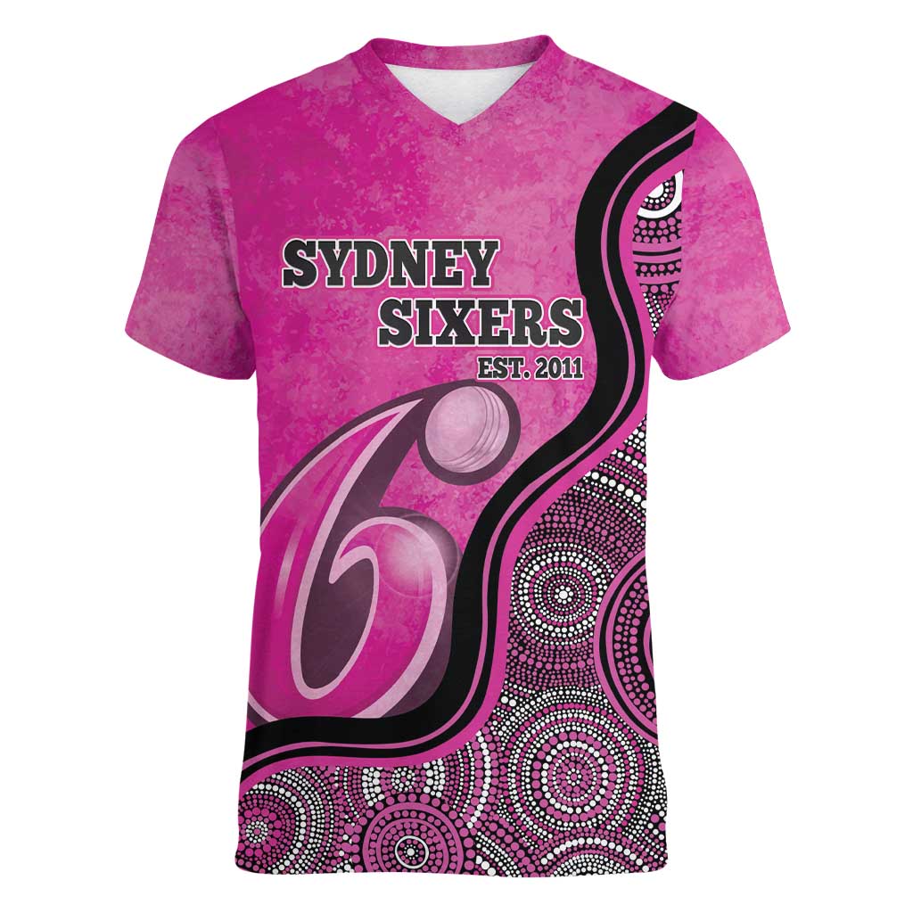 Custom Sydney Sixers Women V-Neck T-Shirt Indigenous Art - Grunge Style