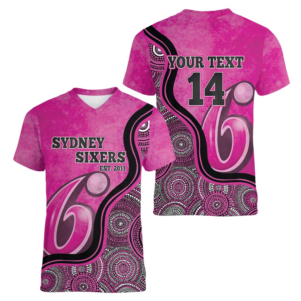 Custom Sydney Sixers Women V-Neck T-Shirt Indigenous Art - Grunge Style