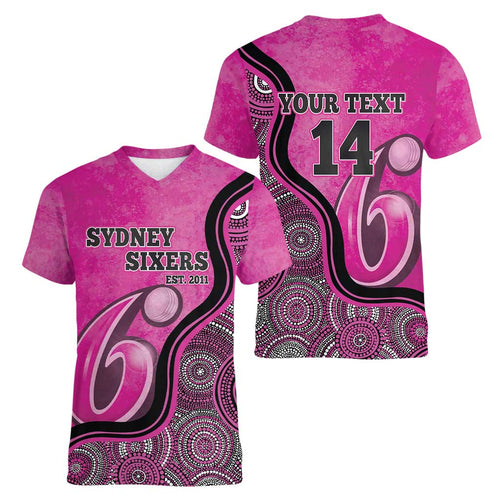 Custom Sydney Sixers Women V-Neck T-Shirt Indigenous Art - Grunge Style