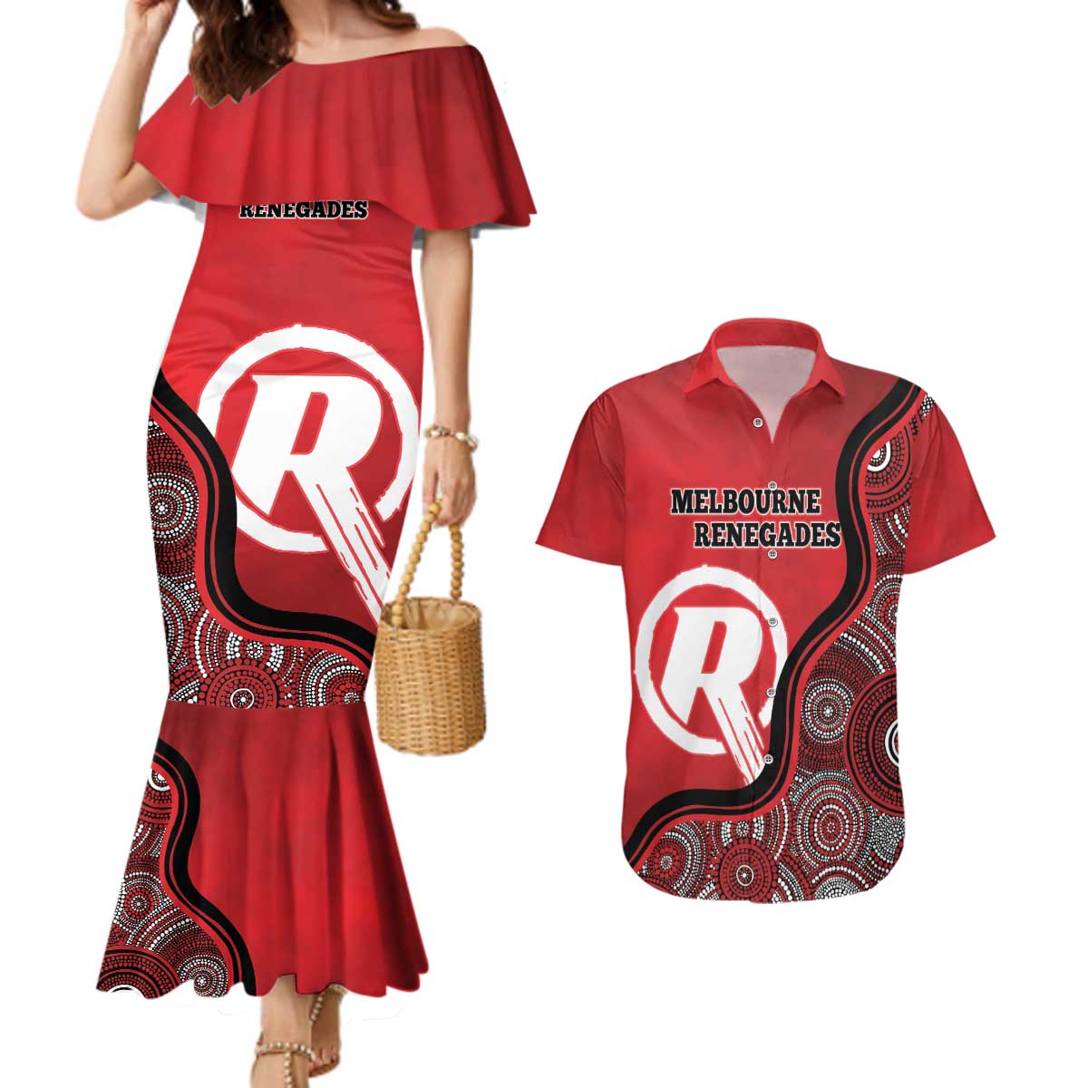Custom Melbourne Renegades Couples Matching Mermaid Dress and Hawaiian Shirt Indigenous Art - Grunge Style