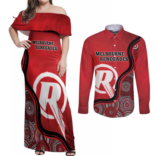 Custom Melbourne Renegades Couples Matching Off Shoulder Maxi Dress and Long Sleeve Button Shirt Indigenous Art - Grunge Style