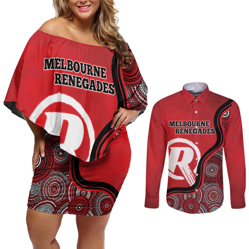 Custom Melbourne Renegades Couples Matching Off Shoulder Short Dress and Long Sleeve Button Shirt Indigenous Art - Grunge Style