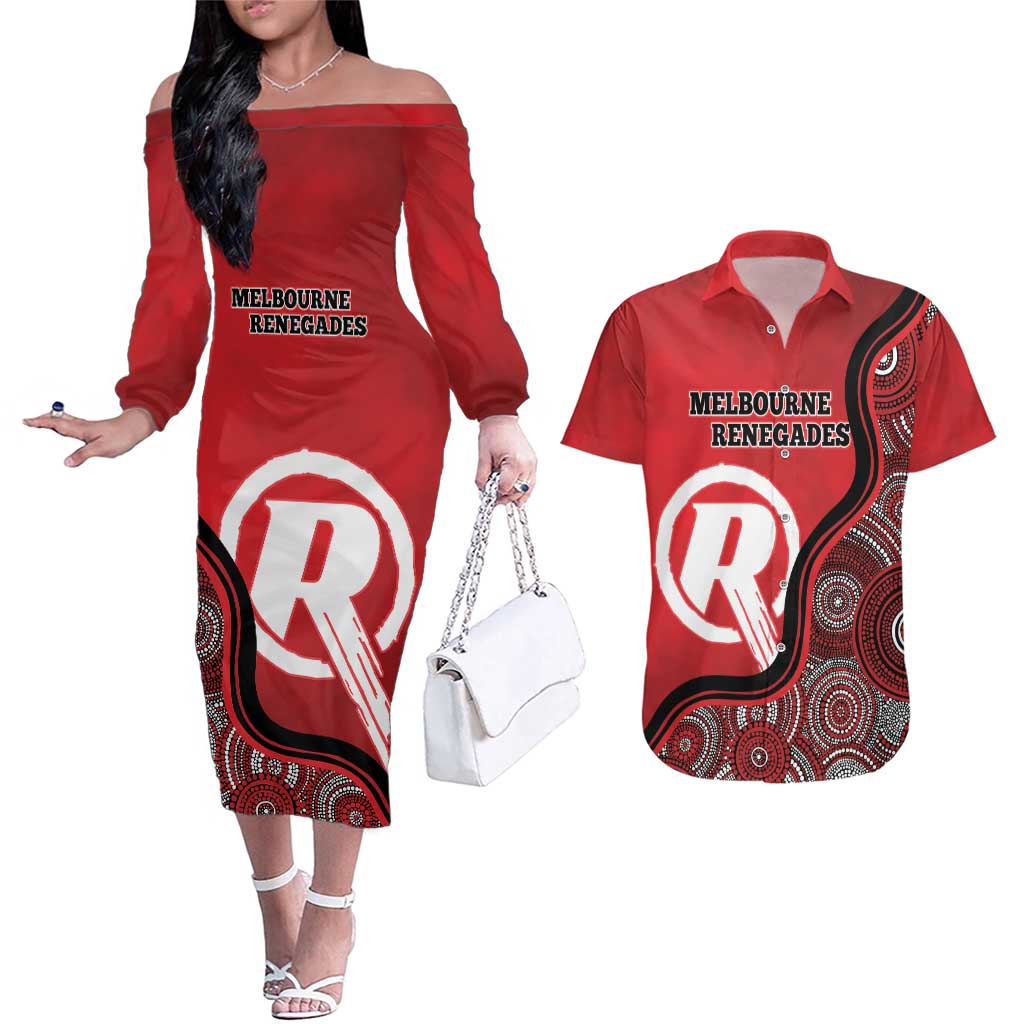 Custom Melbourne Renegades Couples Matching Off The Shoulder Long Sleeve Dress and Hawaiian Shirt Indigenous Art - Grunge Style