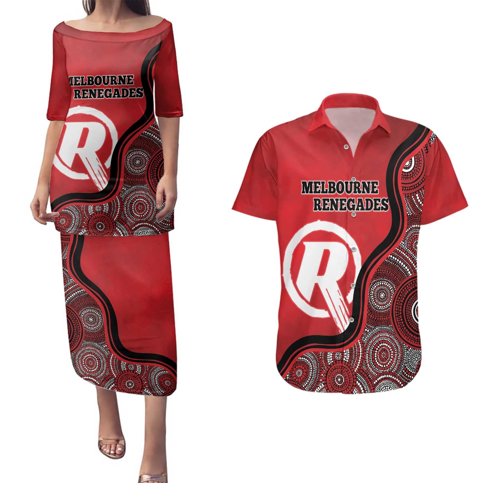 Custom Melbourne Renegades Couples Matching Puletasi and Hawaiian Shirt Indigenous Art - Grunge Style