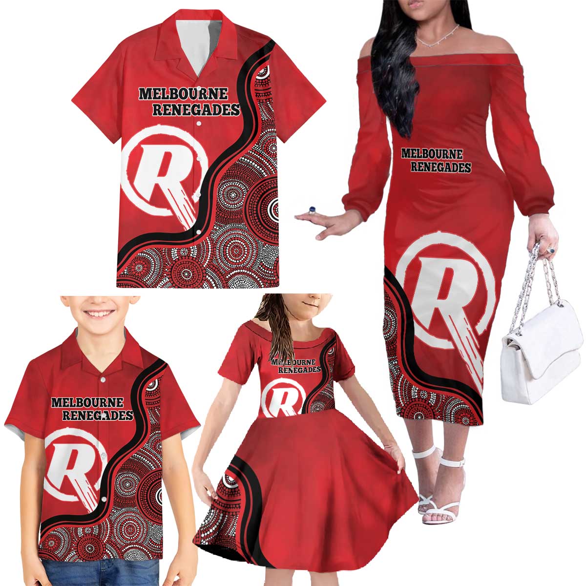 Custom Melbourne Renegades Family Matching Off The Shoulder Long Sleeve Dress and Hawaiian Shirt Indigenous Art - Grunge Style